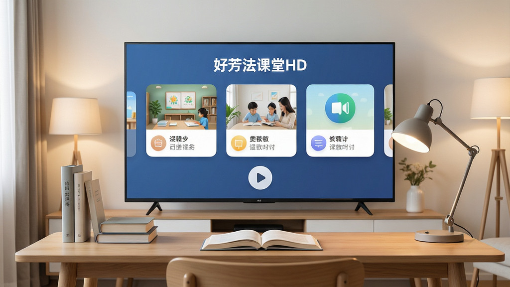 一张教育类应用展示图,画面中央放置一台大屏电视,电视屏幕上显示“好芳法课堂HD”课程界面,界面中有课程卡片和播放按钮,电视前方摆放一张木质书桌,桌上有书本和台灯,整体布局简洁明亮,风格为现代家庭客厅场景,细节包含柔和灯光、清晰图标、整洁桌面,画质为高清,干净,无多余元素