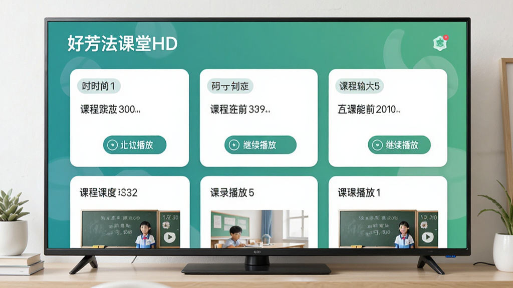 一张“好芳法课堂HD”学习记录界面图,主体为电视屏幕展示课程进度卡片,布局为卡片式列表排列,排版整齐,风格为清新教育风,细节包含时间标签、继续播放按钮、课程缩略图,画质为高清,干净,无多余元素