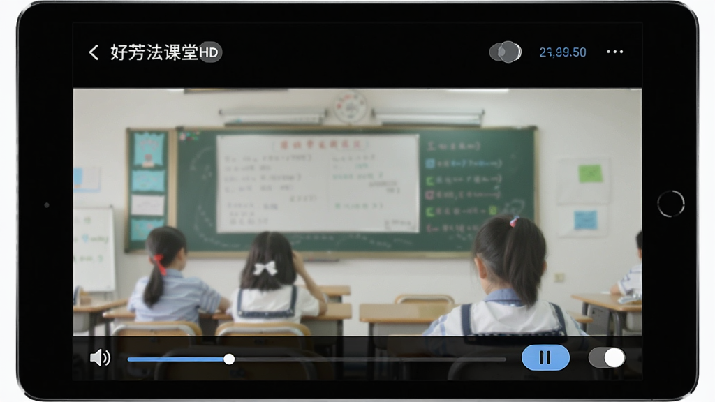 一张“好芳法课堂HD”播放界面特写图,主体为平板电脑屏幕,屏幕中显示课程播放画面和清晰度切换按钮,布局为平板横屏居中,排版简洁,风格为科技教育风,细节包含进度条、音量图标、播放暂停键,画质为高清,干净,无多余元素