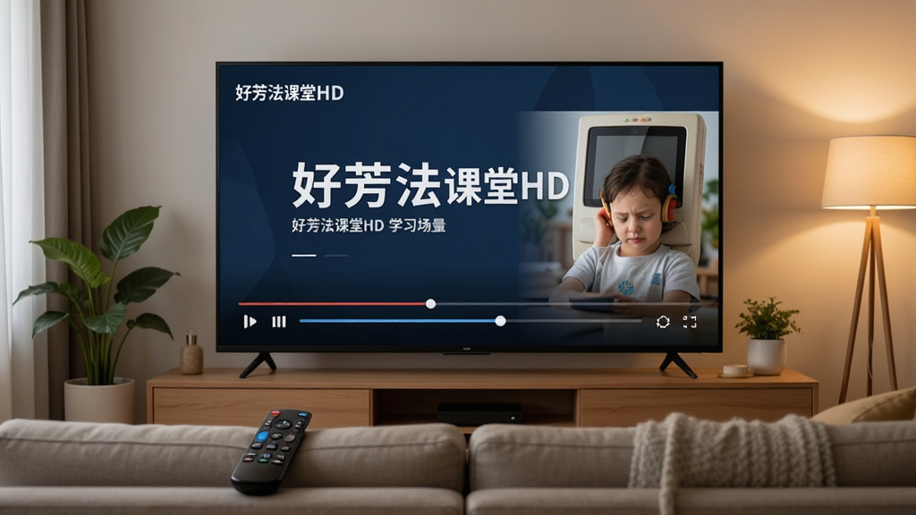 一张“好芳法课堂HD”大屏学习场景图,主体为客厅中的超大电视屏幕,屏幕内展示高清课程封面和播放进度条,布局为电视居中、沙发在画面下方,排版突出屏幕内容,风格为写实家居风,细节包含遥控器、绿植、暖色灯光,画质为高清,干净,无多余元素