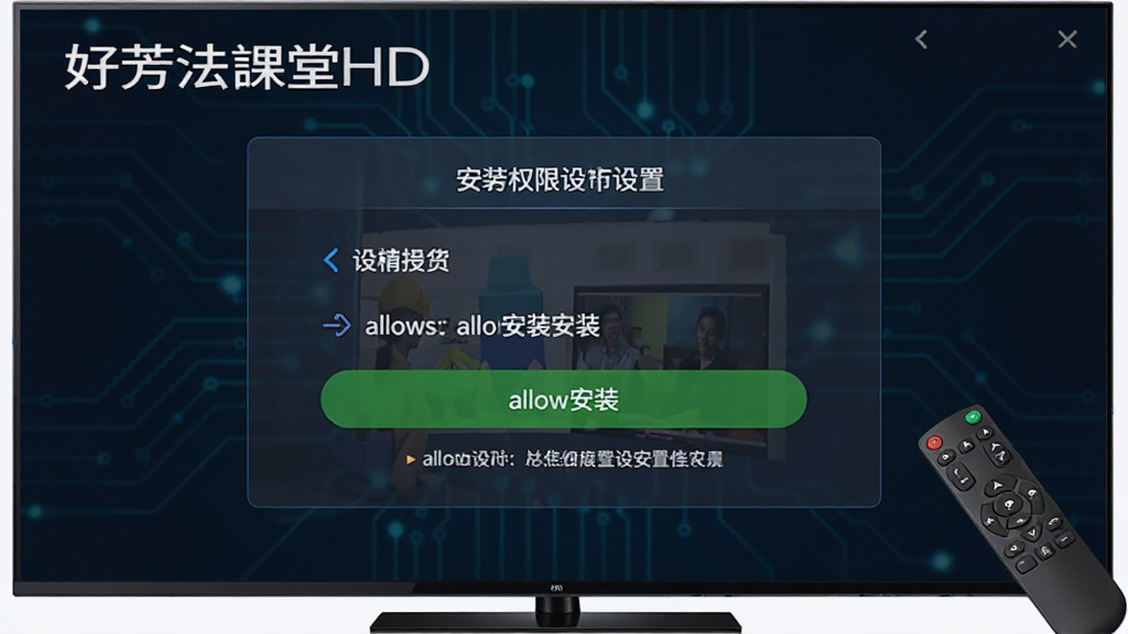 一张“好芳法课堂HD”安装设置示意图,主体为电视屏幕显示安装权限设置界面,布局为电视居中、遥控器在画面右下角,排版清晰,风格为科技说明风,细节包含设置菜单、允许安装按钮、提示文字,画质为高清,干净,无多余元素