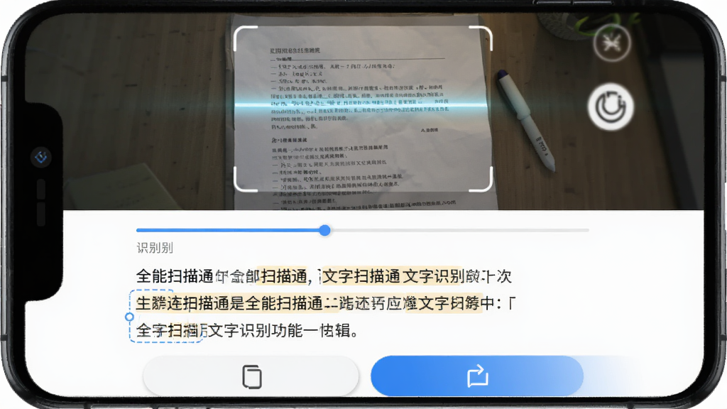 ȫ��ɨ��ͨ����ʶ���ܽ��棬�ֻ���Ļ�ϰ벿����ʾɨ���ֽ���ĵ�ͼƬ���°벿����ʾʶ����Ŀɱ༭�������ݣ���Ļ���и����뵼����ť������Ϊ���½ṹ�����Ϊ��ˬ������Ӧ�ý��棬ϸ�ڰ���ʶ������������ָ���ѡ��Ч�������������ɾ��޶���Ԫ��