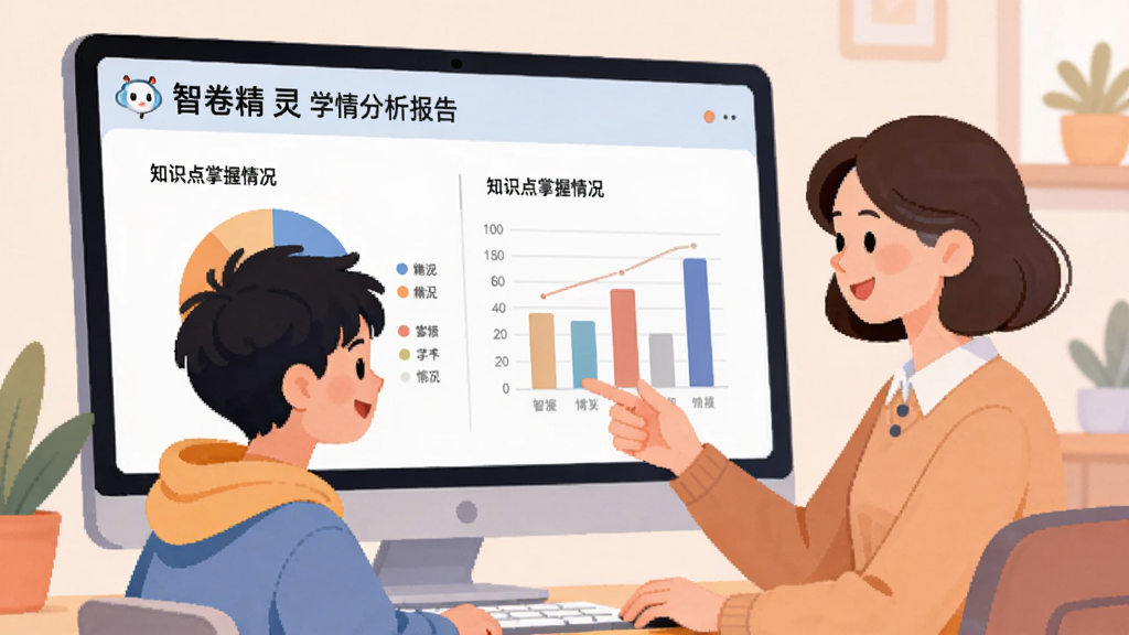 AI����ͼƬ������չʾ���Ǿ����顱ѧ���������ҳ�棬������״ͼ����״ͼչʾ֪ʶ�����������һλѧ����һλ��ʦ���ڿ�����Ļ���ۣ���Χ����������ƽ���廭��ɫ����ͣ��Ű����࣬��������