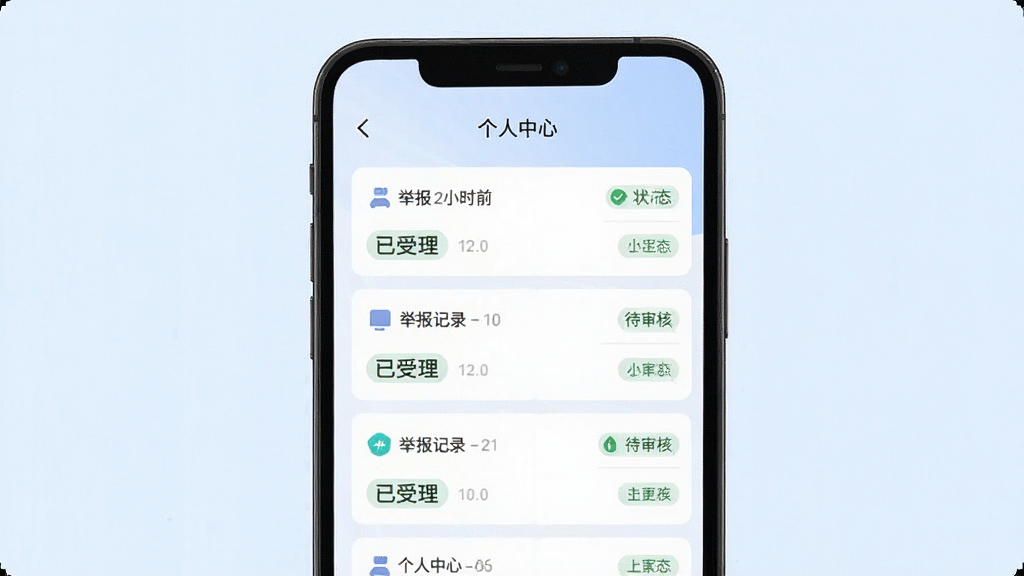 ������Υ�¾ٱ������ĸ�������ҳ�棬��ʾ�����ٱ���¼�б���ÿ����¼����״̬��ǩ��������������ˣ�������ÿ�Ƭʽ���֣�����Ϊ��ɫ�뵭��ɫ�������ˬ��ϸ�ڰ���ʱ�����״̬ͼ�꣬�����������ɾ����޶���Ԫ��