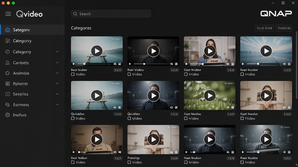 һ��չʾ Qvideo ��������ĸ���ͼ������Ϊ��ɫ�����µ���Ƶ������壬����Ƿ��ർ�������Ҳ�������״��Ƶ����ͼ�б������������������ QNAP Ʒ�Ʊ�ʶ�������������Ű��ִ������Ϊ���Ƽ��У�ϸ�ڰ�����Ƶ���桢���Ű�ťͼ�ꡢ�ļ���С��ǩ�����ʸ��壬�ɾ����޶���Ԫ�ء�