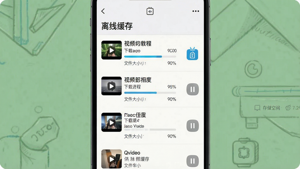 һ��չʾ Qvideo ���߻����������ĸ���ͼ������Ϊ�ֻ���Ļ�ϵ����������б���ÿ��������ʾ��Ƶ���ơ����ؽ��������ļ���С����ͣ��ť�������С����߻��桱���⣬����Ϊ��ֱ�б����Ű����룬���Ϊ��๤������棬ϸ�ڰ������Ȱٷֱȡ�����ͼ�ꡢ�洢�ռ���ʾ�����ʸ��壬�ɾ����޶���Ԫ�ء�