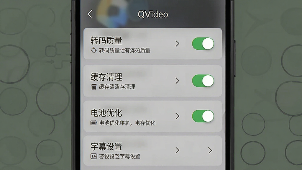 һ��չʾ Qvideo ���ý���ĸ���ͼ������Ϊ�ֻ���Ļ�ϵ����ò˵��б���������ת��������������������������Ż�������Ļ���á���ѡ�����Ϊ�����б����Ű����������Ϊ��๤�߽��棬ϸ�ڰ������ذ�ť����ͷͼ�ꡢ˵�����֣����ʸ��壬�ɾ����޶���Ԫ�ء�