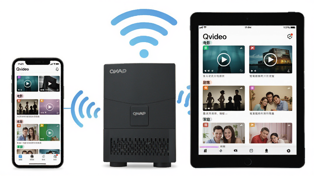 ����������һ̨ QNAP NAS �豸���ֻ���ƽ��ͨ�������ź����ӣ��ֻ���Ļ����ʾ Qvideo Ӧ�ý��棬��������Ƶ�ļ����Զ����롰��Ӱ�����缯������ͥ���ȱ�ǩ���࣬����ͻ�����������ҶԳƣ��Ű����������Ϊ��ƽ���Ƽ��廭��ϸ�ڰ��������źŲ��ơ���Ƶ����ͼ����ǩɫ�飬���ʸ��壬�ɾ����޶���Ԫ�ء�