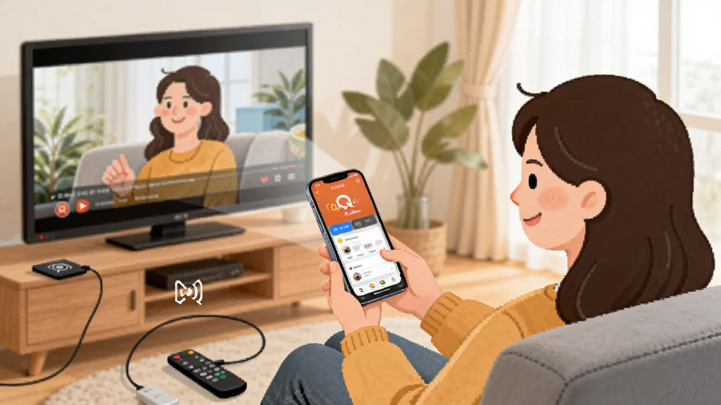 ����չʾһ���û�����ɳ���ϣ��ֳ��ֻ�ʹ�� Qvideo Ӧ�ã��ֻ�������ͨ��Ͷ��ͼ��Ͷ�䵽ǰ������Ļ�����ϣ�������Ļ��ʾ���ֻ���ͬ����Ƶ���棬����Ϊ�û����豸������Ϊ�����������Ű���Ȼ�����Ϊ��ܰ�ҾӲ廭��ϸ�ڰ���Ͷ�������ߡ�����ң������Qvideo ����Ԫ�أ����ʸ��壬�ɾ����޶���Ԫ�ء�