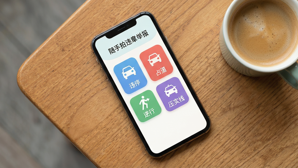 ����������������Υ�¾ٱ�Ӧ�õ�Υ������ѡ����棬��Ļ�����������Ŷ����ɫͼ�갴ť���ֱ��ע�š�Υͣ����ռ����������ơ������С���ѹʵ�ߡ������֡��ֻ�ƽ����һ��ľ�������ϣ��Ա���һ�����ȡ����ֲ��ø����ӽǣ��ֻ�λ�ڻ������롣���Ϊ��ƽ��UI��Ʒ��ɫ��������£�ͼ�꾫�£����ʸ���ɾ�����������Ϊ��������Υ�¾ٱ�����