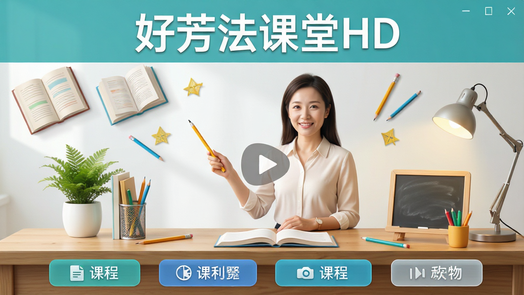 �÷�������HD���������棬��������չʾһλ�º͵�Ů��ʦ���ڽ��Σ���Χ�������鼮��Ǧ�ʡ�С�ڰ��ѧϰԪ�أ����ֲ������½ṹ���Ϸ��ǿγ̱��⡰�÷�������HD�����м�����Ƶ���������·��ǿγ��б���ť���������������ϸ�ڰ���ľ����������ɫֲ���͵ƹ⣬���ʸ��壬����ɾ����޶���Ԫ��