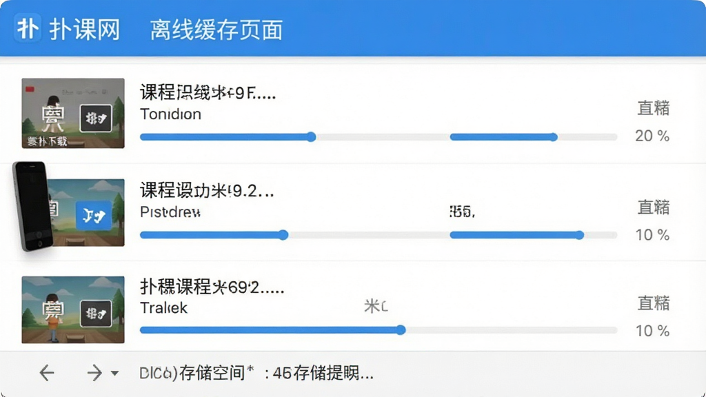 手机应用离线下载管理界面,屏幕上方显示“扑课网”离线缓存页面,列表中展示多个已下载课程及下载进度条,底部有存储空间提示,界面布局清晰,蓝白配色,扁平化风格,高清画质,干净无多余元素