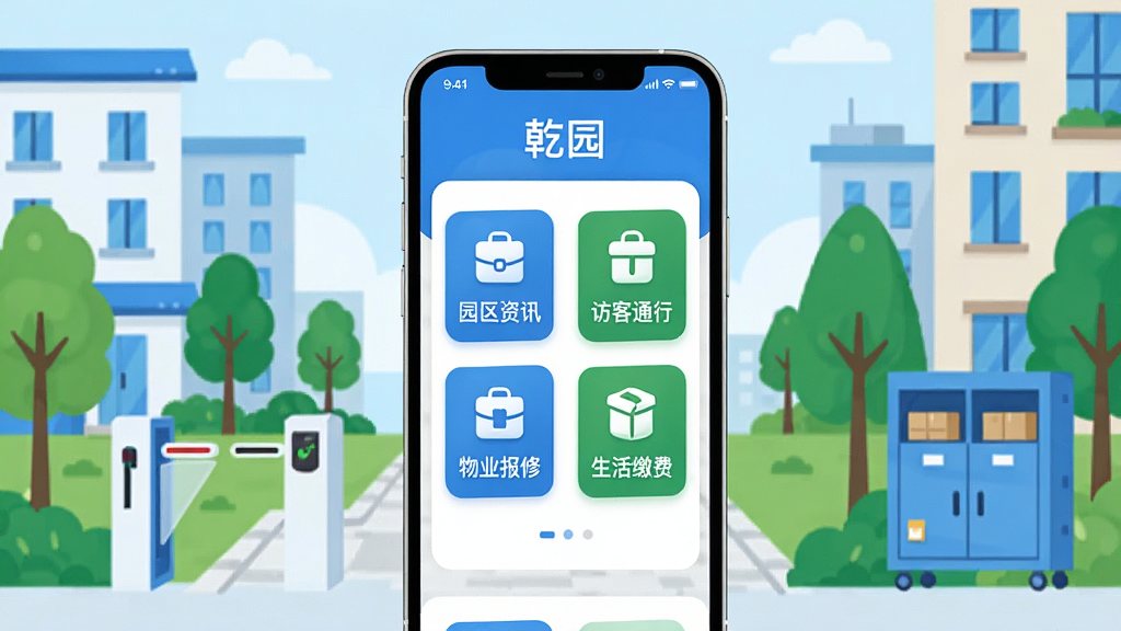 ����������һ�������ֻ�����Ļ����ʾ�š�Ǭ԰��APP����ҳ���棬�����а���԰����Ѷ���ÿ�ͨ�С���ҵ���ޡ�����ɷѵȹ���ͼ�꣬�����������ࡣ�ֻ���Χ�����������������������Ž�բ������ݹ��Ԫ�أ������ǻ�԰���������������ñ�ƽ���廭���ɫ����������Ϊ�����������¡�����ɾ��޶���Ԫ�أ����廭�ʣ��ʺ���������ҳ��չʾ��