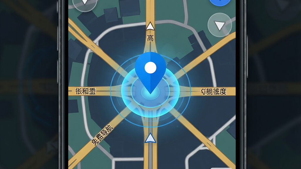 高图地图免费导航定位功能展示,主体为手机屏幕显示蓝色定位点与周边道路,布局为俯视地图视角,排版中央为定位图标周围为道路网格,风格为科技感地图界面,细节包含定位光圈、道路名称、方向箭头,画质高清,画面干净,无多余元素