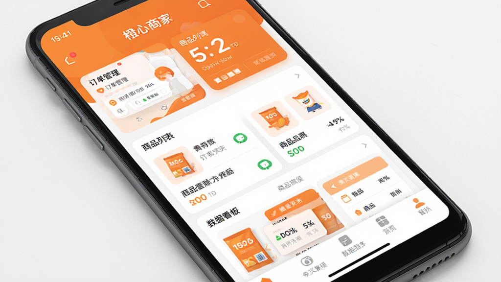 �����̼�Ӧ��������չʾ������Ϊһ����׿�ֻ�����Ļ����ʾ�����̼�APP����ҳ������������������Ʒ�б������ݿ����ģ�飬�����������Ű��ࣻ���Ϊ�ִ���ƽ��UI��ƣ�ɫ���Գ�ɫ�Ͱ�ɫΪ����ϸ����ͻ����Ƭʽ��Ϣչʾ�͵ײ������������ʸ��壬�ɾ����޶���Ԫ��