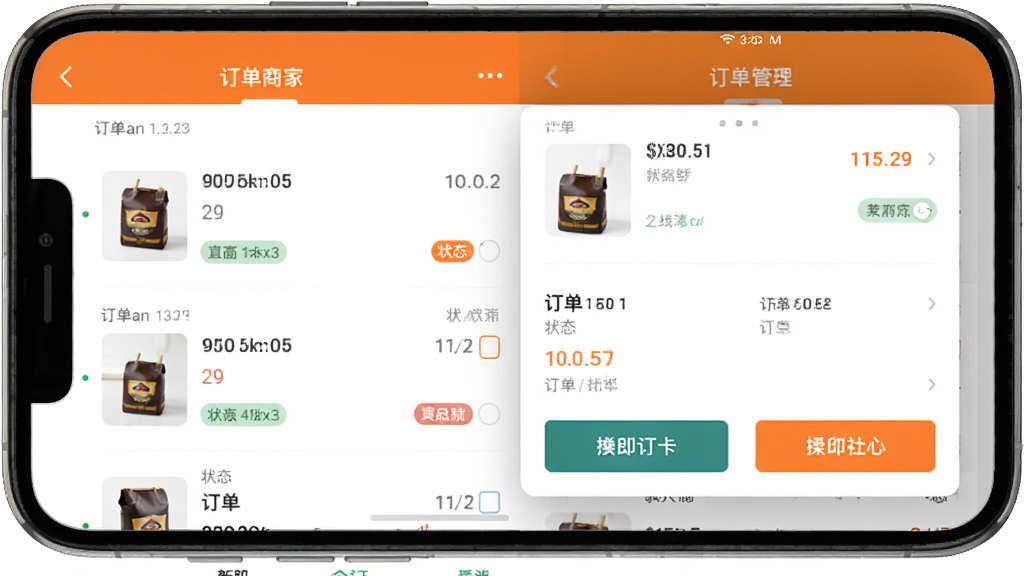 �����̼�APP�������������ͼ������Ϊ�ֻ���Ļ��������չʾ�����б��Ͷ������鵯��������Ϊ���½ṹ���Ű����룻���Ϊ�ƶ�������Ӧ�ý��棬ϸ�ڰ���������š���Ʒ����ͼ��״̬��ǩ�Ͳ�����ť�����ʸ��壬�ɾ����޶���Ԫ��
