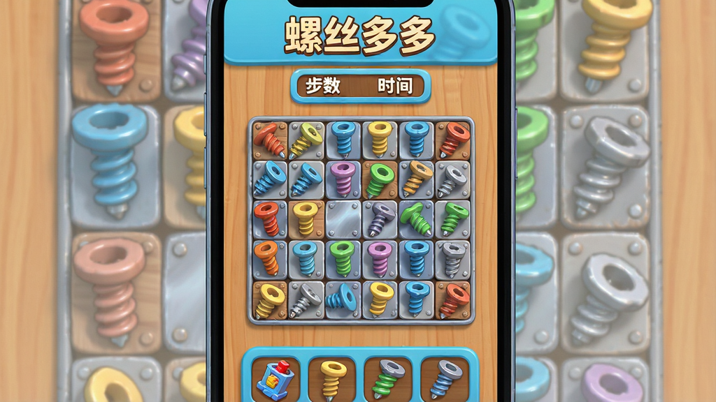 一张展示手机屏幕中螺丝多多游戏界面的图片,主体是一部竖屏智能手机,屏幕中央显示着由各种颜色螺丝和金属板组成的解谜关卡,布局清晰,上方有步数或时间提示,下方有道具栏,排版采用居中构图,风格为干净明亮的扁平化3D卡通渲染,细节包括螺丝纹理、金属反光、木质或塑料背景板,画质高清,画面干净,无多余元素,屏幕上方有文字“螺丝多多”
