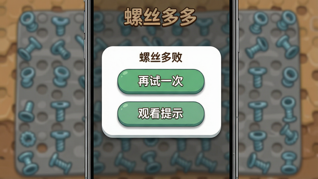 一张手机屏幕显示螺丝多多游戏关卡失败后弹出的提示窗口,主体是手机竖屏界面,窗口居中显示“再试一次”和“观看提示”两个按钮,布局清晰,排版简洁,风格为扁平化卡通,细节包括背景虚化的螺丝板、按钮圆角、轻微阴影,画质高清,画面干净,无多余元素,窗口上方有文字“螺丝多多”