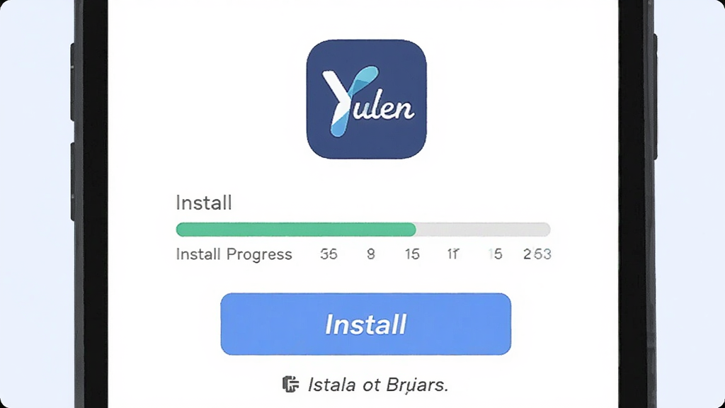 ����Ϊ�ֻ���Ļ��ʾ��װ�������롰Yulen��ͼ�꣬����Ϊ������д���Ű��࣬���Ϊ��ƽ���廭��ϸ�ڰ�������������װ��ť����ʾ���֣�����Ϊǳɫ�������������ɾ����޶���Ԫ��