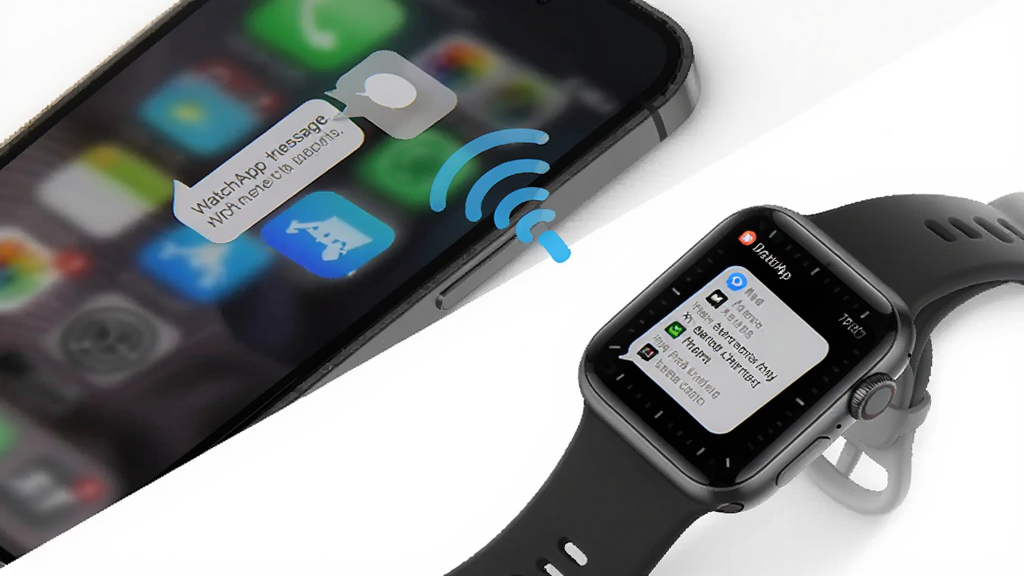 һ��չʾWatchApp��Ϣͬ�����ܵĳ���ͼ���������ֻ��յ���Ϣ��ͨ�������źŴ��䵽�ֱ���Ļ���ֱ���ʾ֪ͨ���ݣ����ֶԽ��߹�ͼ��������дʵ��ϸ�ڰ�����Ϣ���ݡ��ֱ����̺��źż�ͷ�����������ɾ����޶���Ԫ��