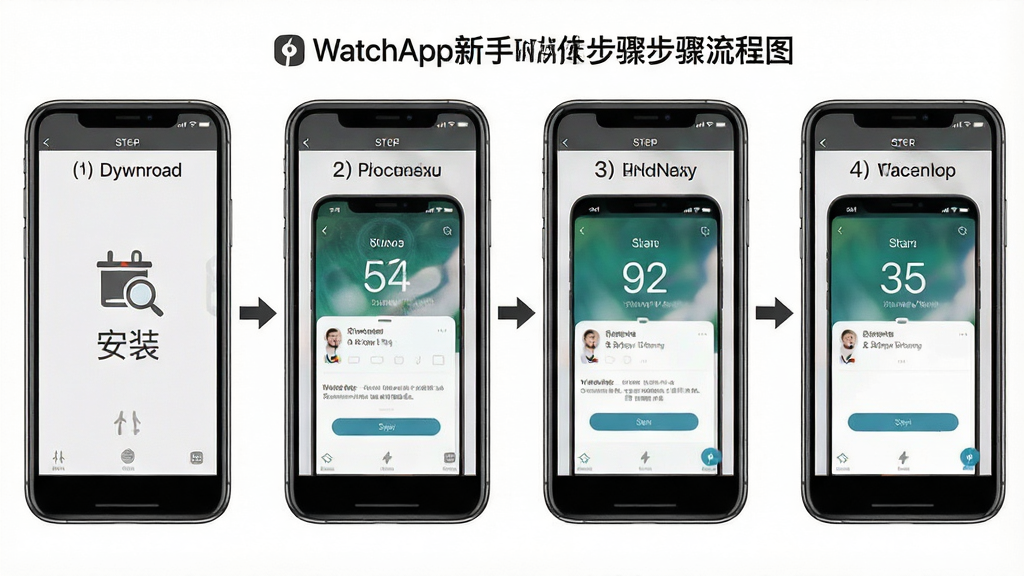 һ��չʾWatchApp���ֲ������������ͼ���������ֻ���Ļ��ʾ�����ذ�װ����Գɹ����ĸ����裬���ֺ������У������̷̳磬ϸ�ڰ��������š���ͷָʾ�Ͳ�����ͼ�����������ɾ����޶���Ԫ��