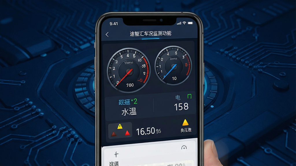 一张展示途智汇车况监测功能的界面截图风格图片,画面中手机屏幕显示车辆诊断数据面板,包含转速表、水温表、电压数值与故障提示灯,背景为深蓝色科技纹理,风格专业简洁,细节清晰,画质干净,无多余元素