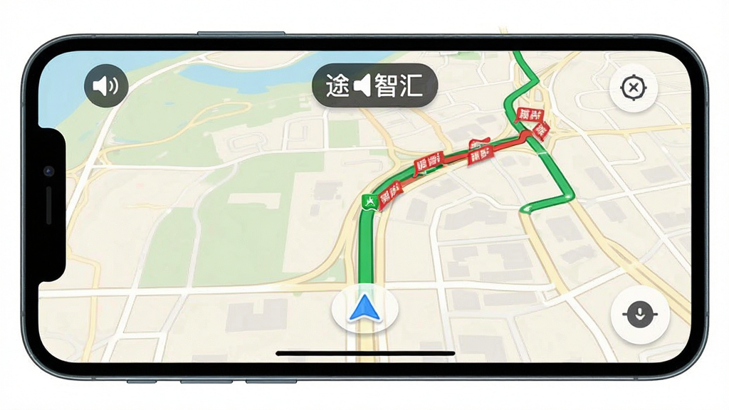 一张展示途智汇导航功能的手机界面图,画面中手机横屏显示地图导航界面,路线上有绿色畅通与红色拥堵路段标识,屏幕上方有语音播报图标,背景为浅色地图风格,细节清晰,画质干净,无多余元素