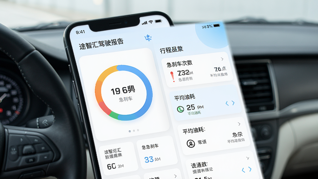 一张展示途智汇驾驶报告功能的界面图,画面中手机屏幕显示驾驶评分环形图与行程列表,包含急刹车次数、平均油耗等数据卡片,背景为白色与浅蓝色搭配,风格清新简洁,细节清晰,画质干净,无多余元素