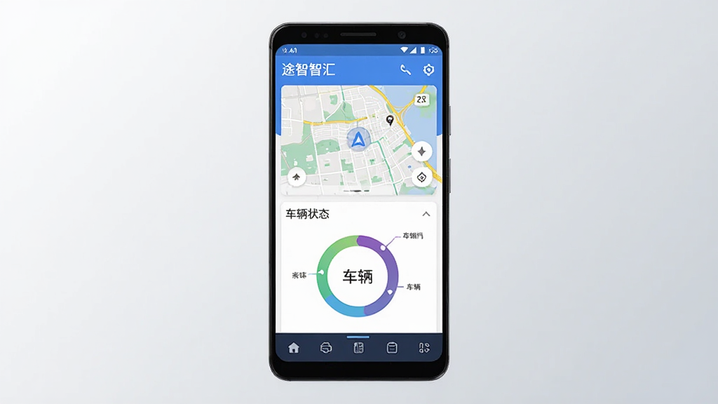 一张展示途智汇应用界面的手机样机图,画面中央是一部竖屏安卓手机,屏幕上显示途智汇主界面,包含导航地图卡片、车辆状态环形图与底部功能栏,背景为浅灰色渐变,风格简洁现代科技感,细节清晰,画质干净,无多余元素