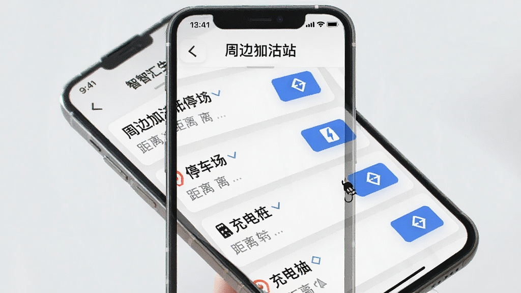一张展示途智汇生活服务聚合页面的手机界面图,画面中手机屏幕显示周边加油站、停车场、充电桩列表,每个条目带有距离与导航按钮,背景为浅灰色,风格整洁实用,细节清晰,画质干净,无多余元素