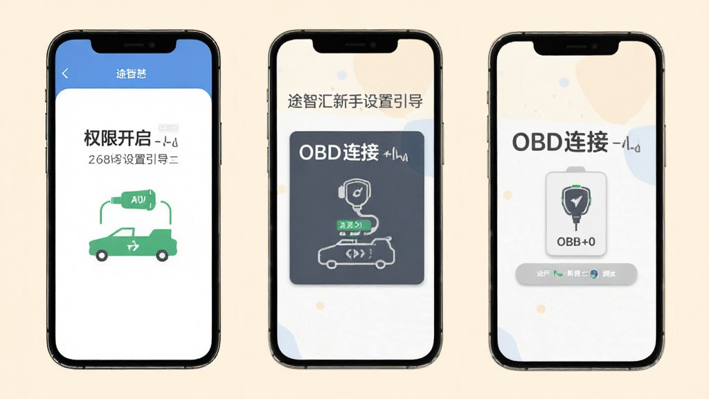 一张展示途智汇新手设置引导页面的手机界面图,画面中手机屏幕显示权限开启引导与OBD连接步骤图示,背景为浅色,风格友好清晰,细节干净,无多余元素