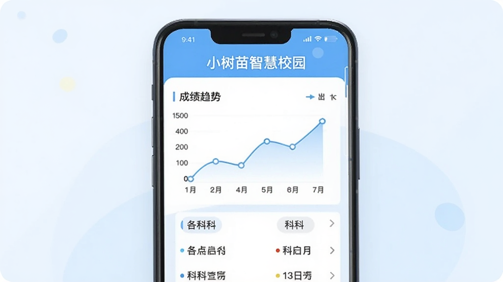 һ��չʾ�ɼ���ѯ���ܵĲ廭��������һ���ֻ���ʾ��С�����ǻ�У԰���ɼ�ҳ�棬��������ͼչʾ�ɼ����ƣ��·��и��Ʒ����б�������Ϊ�����ɫ������ִ���࣬���ʸɾ����޶���Ԫ�ء�