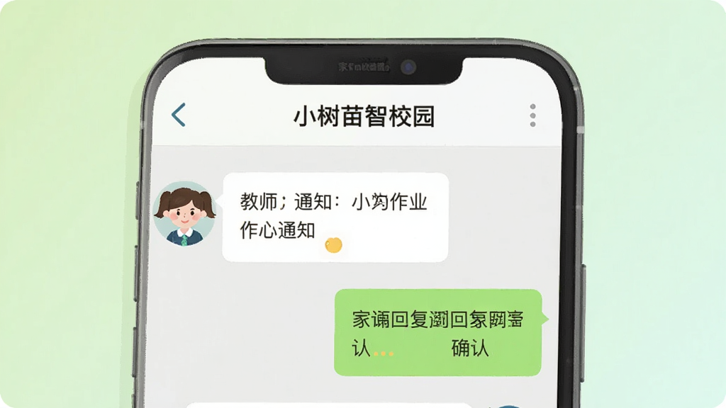һ��չʾ��У��ʱͨѶ���ܵĽ����ͼ���廭��������һ���ֻ���ʾ��С�����ǻ�У԰��������棬����ǽ�ʦͷ���͵���ҵ֪ͨ���Ҳ��Ǽҳ��ظ���ȷ����Ϣ�����涥���а༶���ơ�����Ϊ����ɫ���䣬��������£������������޶���Ԫ�ء�