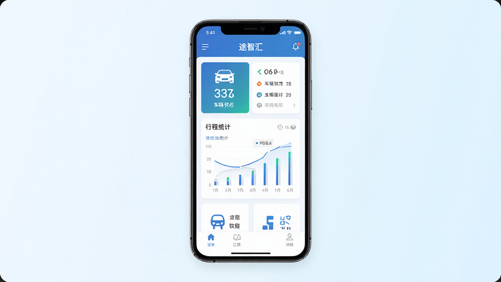 途智汇软件主界面展示,画面中央是一部智能手机,屏幕显示途智汇APP的首页仪表盘,包含车辆状态卡片、行程统计图表和功能图标排列,背景为简洁的浅色渐变,风格现代科技感,细节清晰,画质干净,无多余元素
