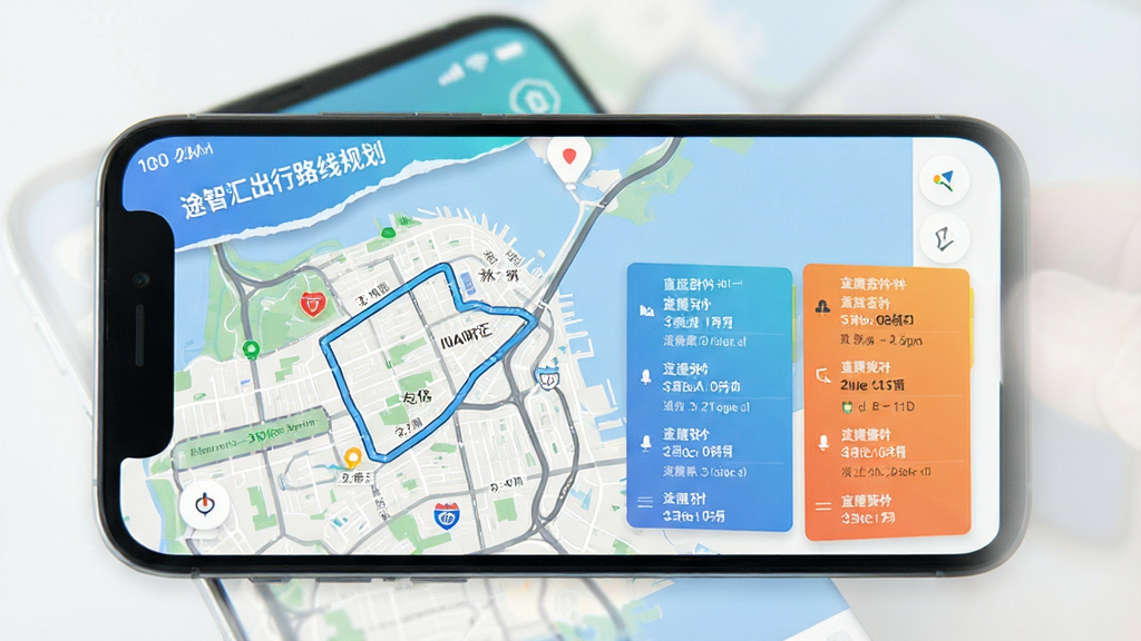 途智汇出行路线规划界面,手机屏幕显示地图和路线方案对比,界面配色清新,风格实用,细节丰富,画质干净,无多余元素
