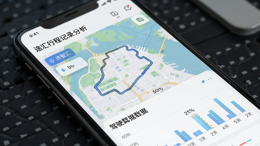 途智汇行程记录分析页面,手机屏幕展示行程轨迹地图和驾驶数据图表,界面简洁明了,风格现代,细节清晰,画质干净,无多余元素
