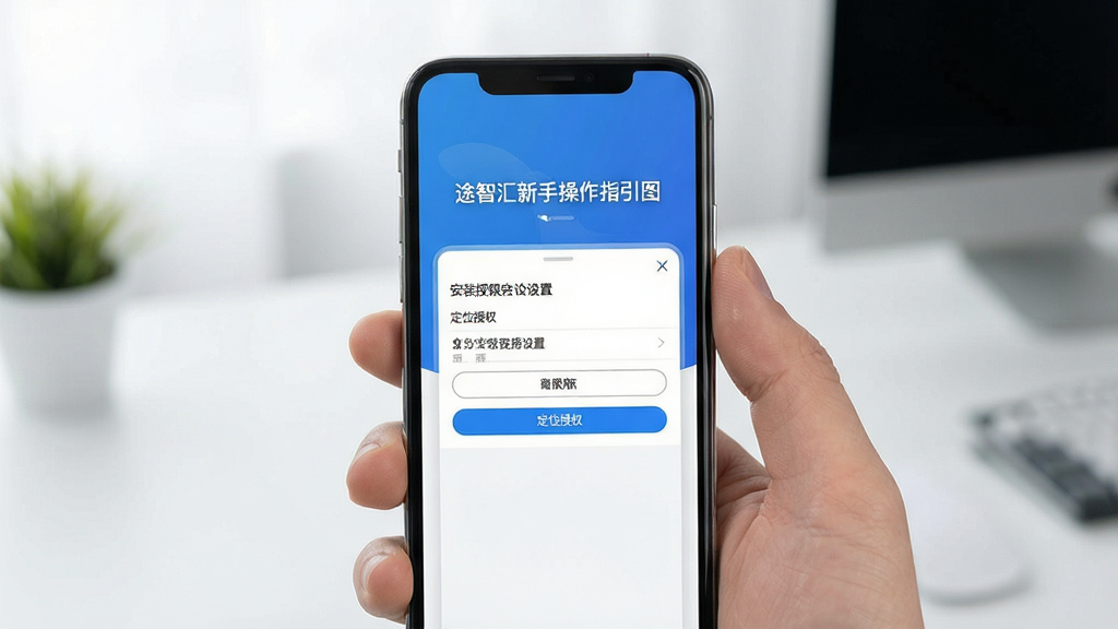 途智汇新手操作指引图,手机屏幕显示安装权限设置和定位授权界面,画面清晰,风格简洁,细节丰富,画质干净,无多余元素