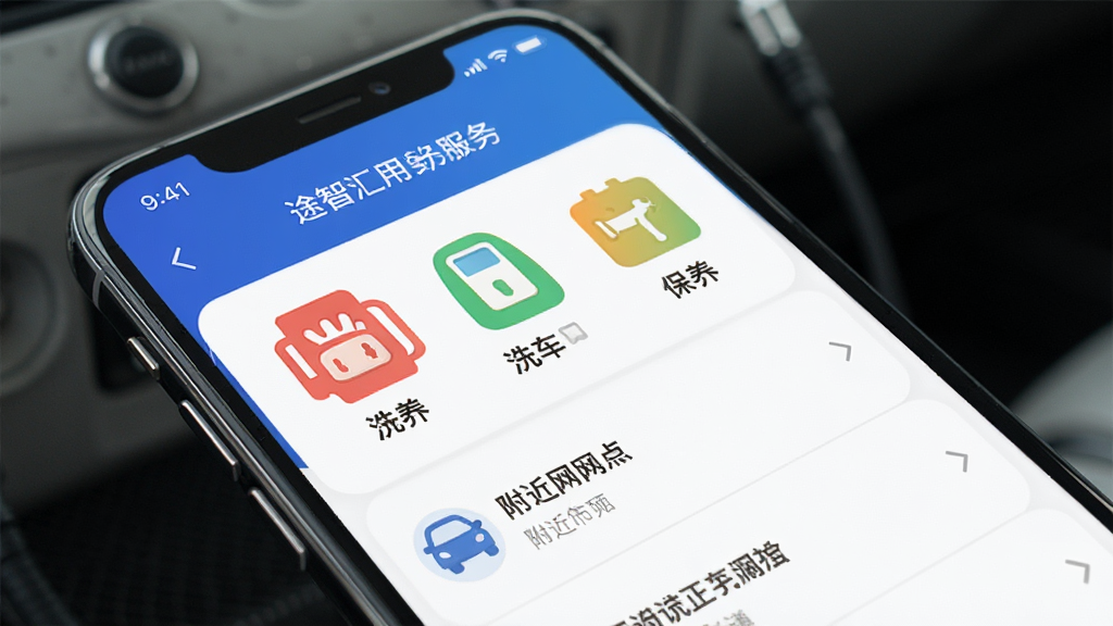 途智汇用车服务聚合页面,手机屏幕展示加油、洗车、保养等服务图标和附近网点列表,界面整洁,风格生活化,细节清晰,画质干净,无多余元素