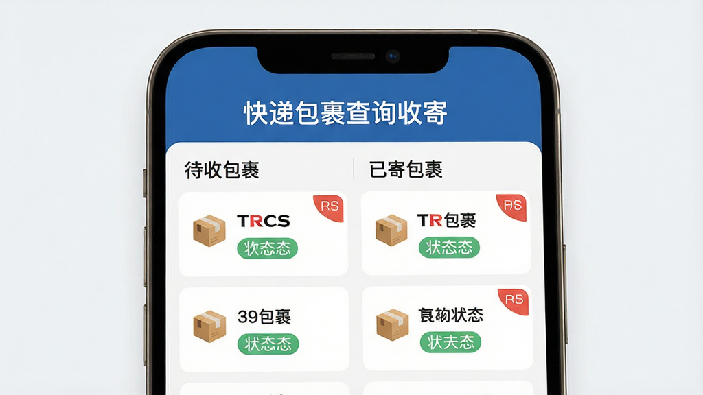 һ��չʾ��ݰ�����ѯ�ռ�App�������������ͼƬ�������������ֻ���Ļ����Ļ���Ϸ���ʾ����ݰ�����ѯ�ռġ����֣��м�����������ֱ�չʾ�����հ������͡��Ѽİ������б���ÿ����¼���п�ݹ�˾ͼ�������״̬��ǩ����������������ִ���Լ��ϸ�ڰ���С����ͼ���״̬�Ǳ꣬���ʸ��壬�ɾ����޶���Ԫ��