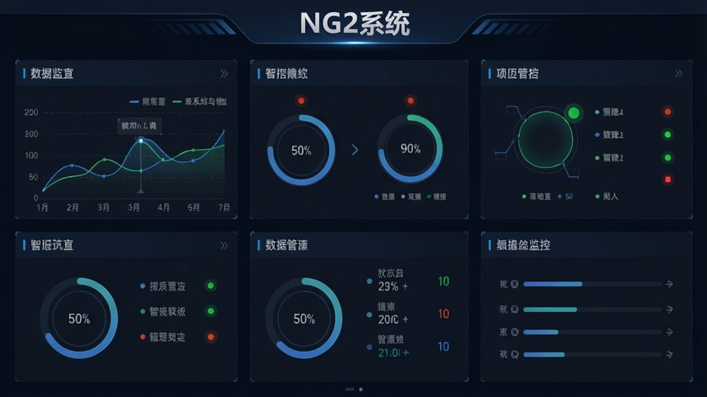 一张展示NG2系统智能管控功能的界面截图,画面主体为实时数据监控仪表盘,上方显示“NG2系统”Logo,布局采用卡片式网格排列,风格为深色科技风,细节包括折线图、环形进度条、状态指示灯等,画质高清干净无多余元素