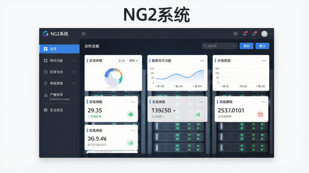 一张展示NG2系统软件主界面的全貌图,画面中央是软件的主操作面板,上方有软件名称“NG2系统”字样,整体布局简洁清晰,排版采用左右分栏结构,左侧为功能导航栏,右侧为主要内容展示区,风格为现代科技感扁平化设计,细节包括图标、按钮、数据卡片等元素,画质高清干净无多余元素