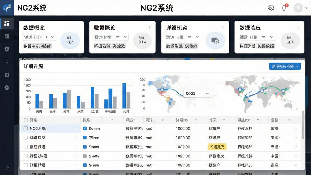 一张展示NG2系统数据处理功能的界面图,画面中央是数据表格和图表混合展示区域,上方有“NG2系统”标识,布局为上下结构,上方为数据概览卡片下方为详细列表,风格为简约商务风,细节包括柱状图、筛选按钮、数据标签,画质高清干净无多余元素