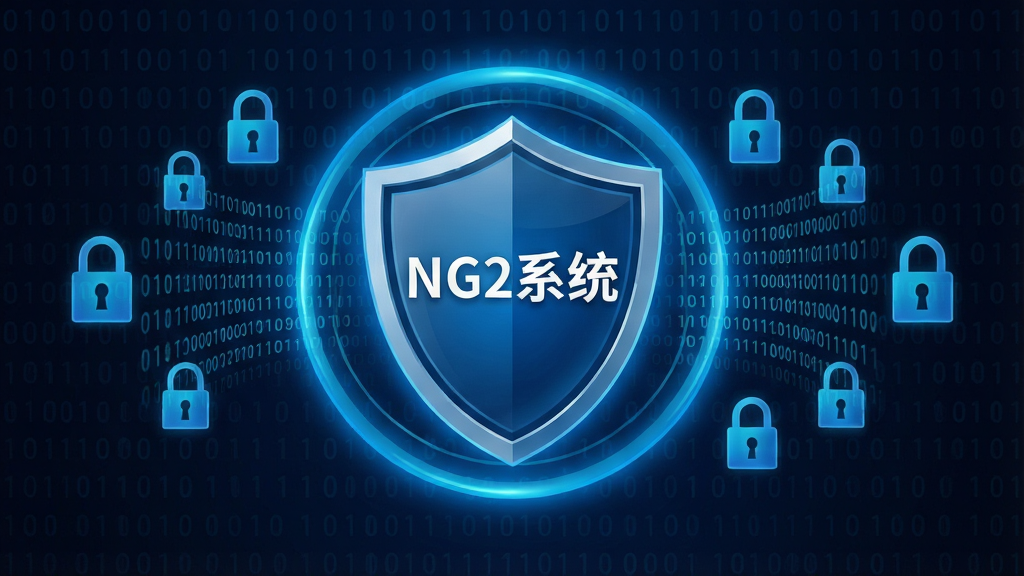 一张展示NG2系统安全防护功能的视觉图,画面中央是一个盾牌图标,盾牌上写有“NG2系统”字样,周围环绕着锁形图标和加密数据流,布局为居中对称式,风格为安全科技风,细节包括蓝色光晕、二进制代码背景、防护光环,画质高清干净无多余元素
