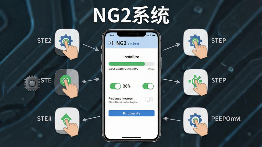一张展示NG2系统在手机上安装运行的操作示意图,画面主体为手机屏幕显示安装进度条和权限设置界面,上方有“NG2系统”字样,布局为手机居中展示周围环绕操作步骤小图标,风格为教程说明风,细节包括手指点击图标、权限开关、进度百分比,画质高清干净无多余元素