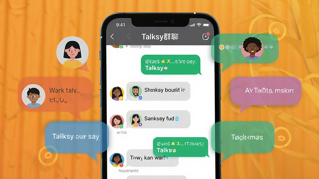 һ��չʾTalksy����Ⱥ�����쳡����ͼƬ��������һ���ֻ���Ļ��ʾȺ��Ի��������ɫͷ������Χ����Ļ��Ե��Ⱥ���Ʊ�עTalksyȺ�ģ�����Ϊ��ܰ�ĳȻ�ɫ�����������ִ���ϸ�����������ʸɾ��޶���Ԫ��