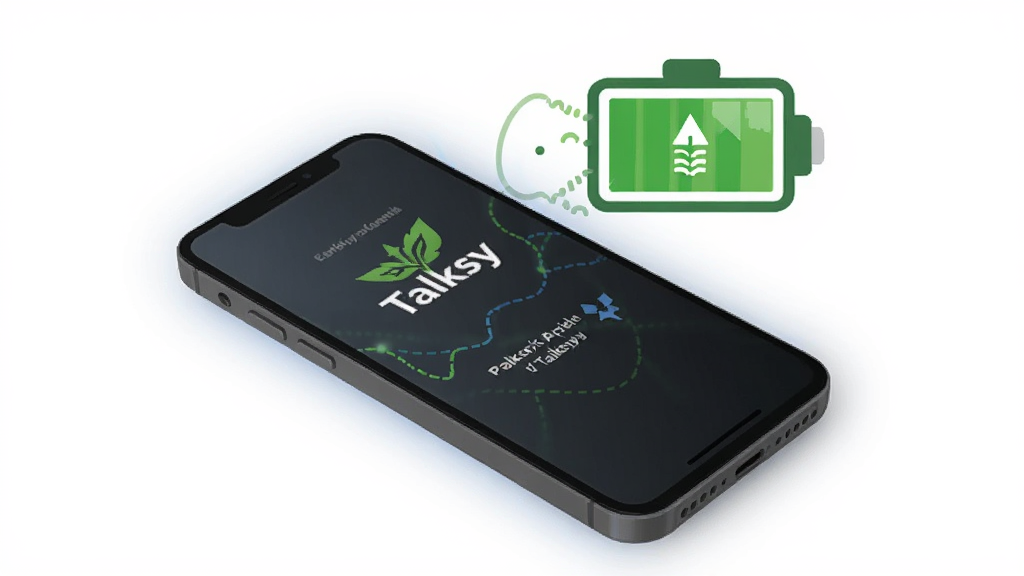 һ�ű���Talksy�ͺĵ����Ե�ʾ��ͼ��������һ���ֻ���Ļ��ʾTalksy���棬�Ա���һ����ɫ���ͼ��ͽ���Ҷ�ӱ�־������Ϊ��ɫ��Լ����ֻ���Χ��΢������ɫ���Σ������������ɾ��޶���Ԫ��