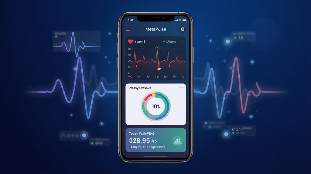 һ��չʾ MetaPulse ������������ֻ�����ͼ������������һ�����������ֻ�����Ļ����ʾ MetaPulse ���Ǳ��̽��棬�����������ߡ�ѹ��Բ�������רעʱ����Ƭ������Ϊ����ɫ���䣬��ΧƯ���Ű�͸�������岨�������ݽڵ㣬���岼�ּ����У����Ϊ�ִ��Ƽ��� UI չʾ��ϸ�ڰ���ϸ���ͼ�ꡢ��͵ķ����Ե�����������ֱ�ǩ�����ʸ��壬����ɾ����޶���Ԫ��