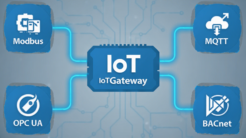IoTGateway��Э������ʾ��ͼ������������IoTGateway��ʶ����Χ������Modbus��MQTT��OPC UA��BACnet��Э��ͼ�꣬��ͼ��ͨ�������������������ӣ�������Ϊ��ƽ���Ƽ��������ֶԳ����������ֱ�ע��ȷ�����ʸɾ��޶���Ԫ��