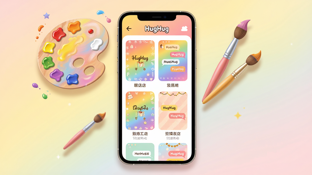 ������һ���ֻ�չʾHugHugӦ�õ�����װ���̵���棬��Ļ�������Ŷ��ַ������챳����������ʽԤ��ͼ���ֻ���ΧƮ���ŵ�ɫ��ͻ���Ԫ�أ�����Ϊ�ֻ����У�װ��Ԥ��ͼ��������ʽ��������Ļ�ڣ���ɫ���������ֻ����Ϸ����Ű���ÿ��װ��Ԥ��ͼ�·��м��ı�ǩ���֣�