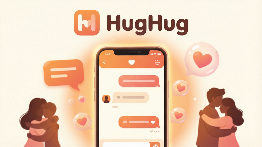 ������һ����ů���罻���쳡���������������һ�������ֻ����ֻ���Ļ����ʾ��HugHugӦ�õ�������棬��Χ��������͵�ůɫ�����κ�Ʈ���İ������ݣ����ֲ��þ��й�ͼ���ֻ�λ�ڻ��������룬���������׺�ų���ĶԻ����ݺ�ӵ����Ӱ���Ű���Ӧ��ͼ�������